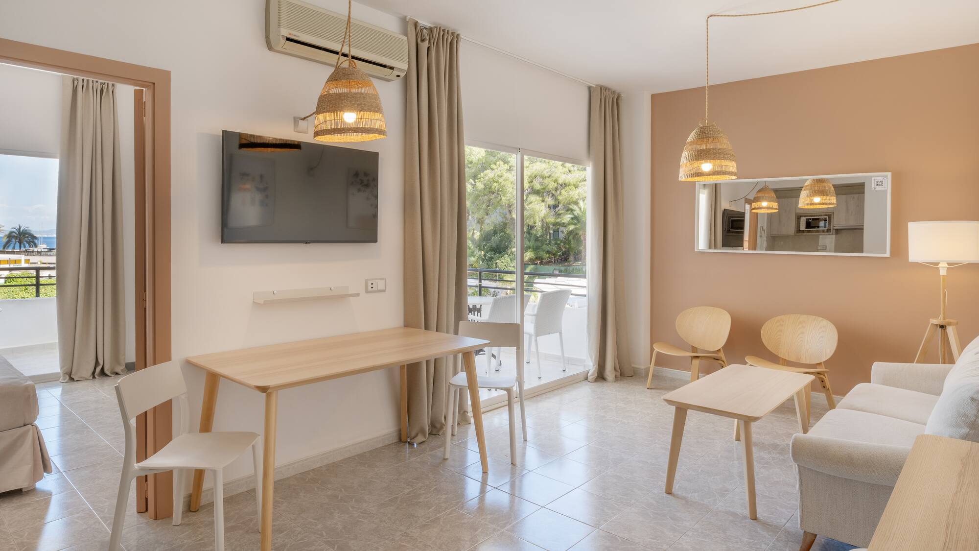 a room with a table and chairs