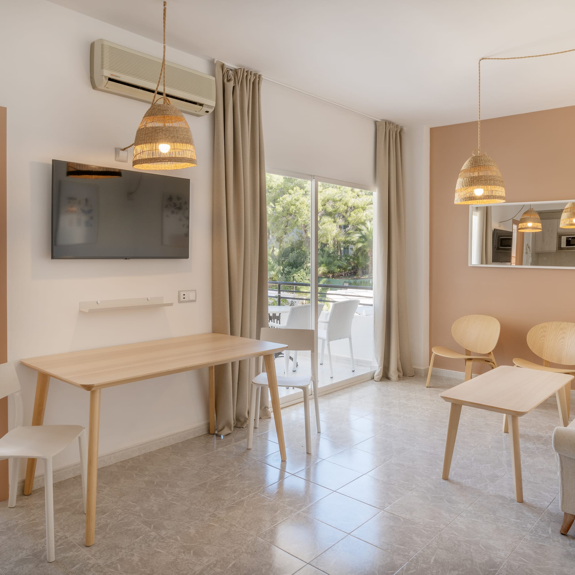 a room with a table and chairs