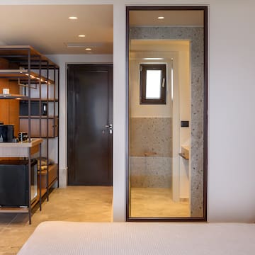 a room with a glass door.