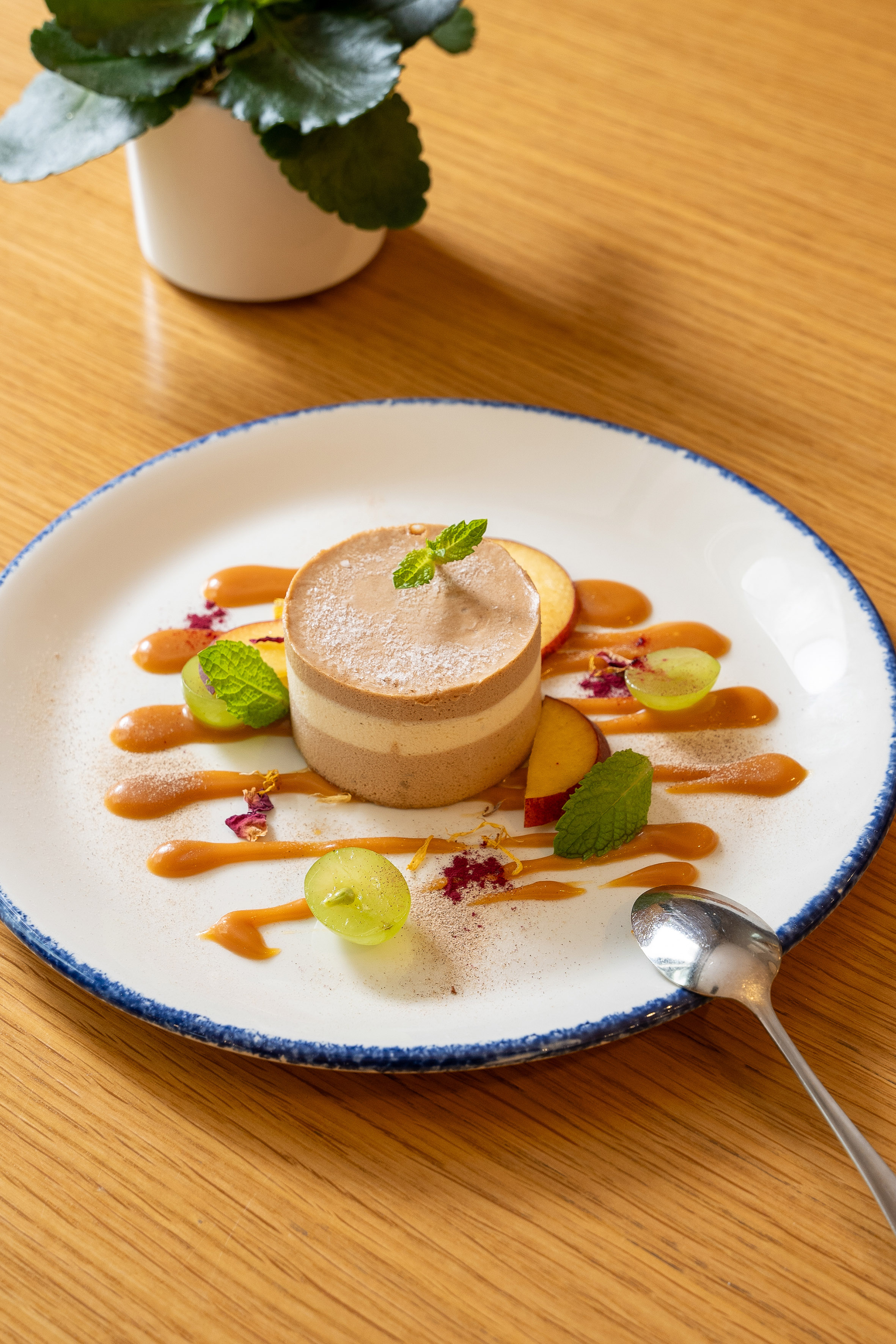 Layered chocolate mousse dessert with caramel, grapes, peach, and mint on a plate.