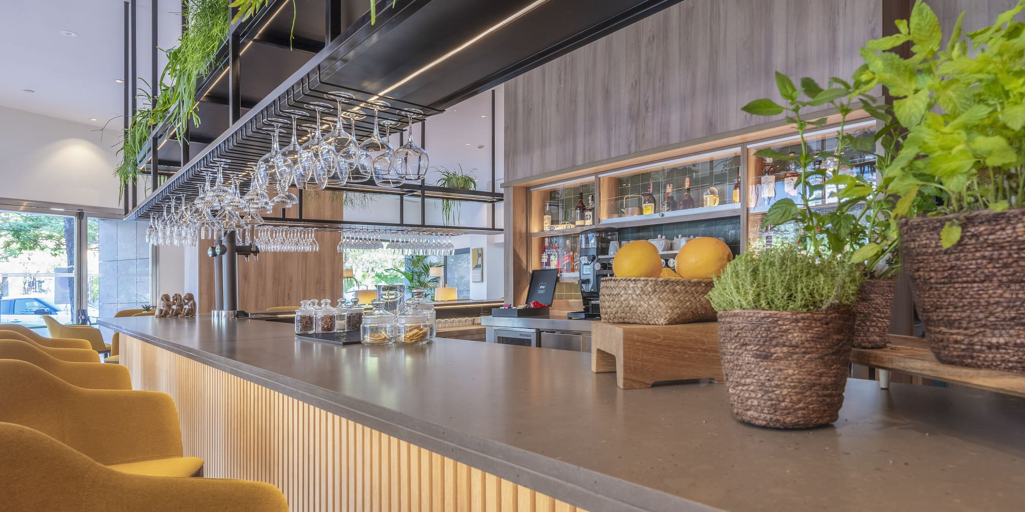 a bar with plants and glasses from the ceiling