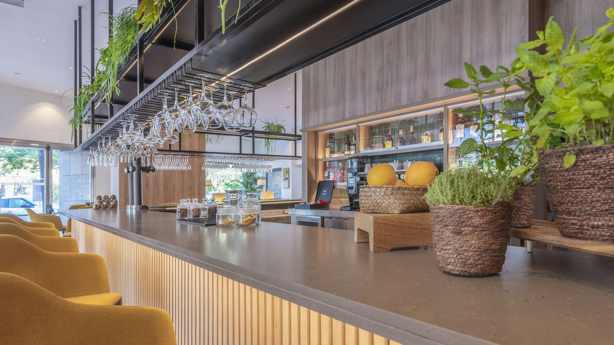 a bar with plants and glasses from the ceiling