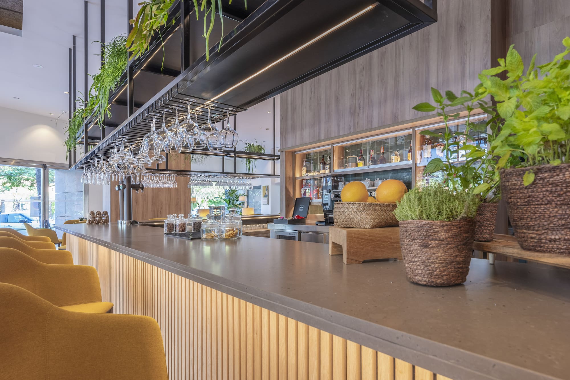 a bar with plants and glasses from the ceiling