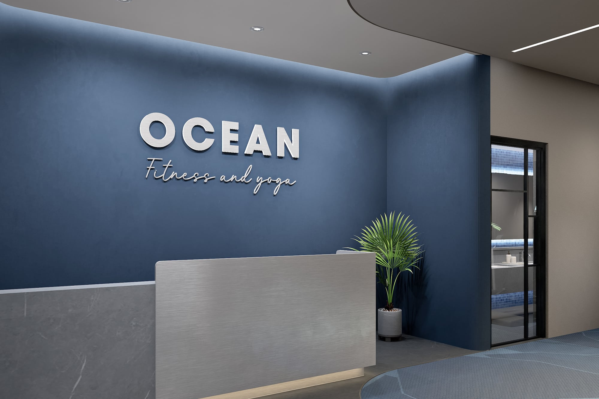Recepção moderna de academia com parede azul e logotipo "OCEAN Fitness and yoga". - Academia 24 horas - Meliá Aurea Nha Trang, Nha Trang