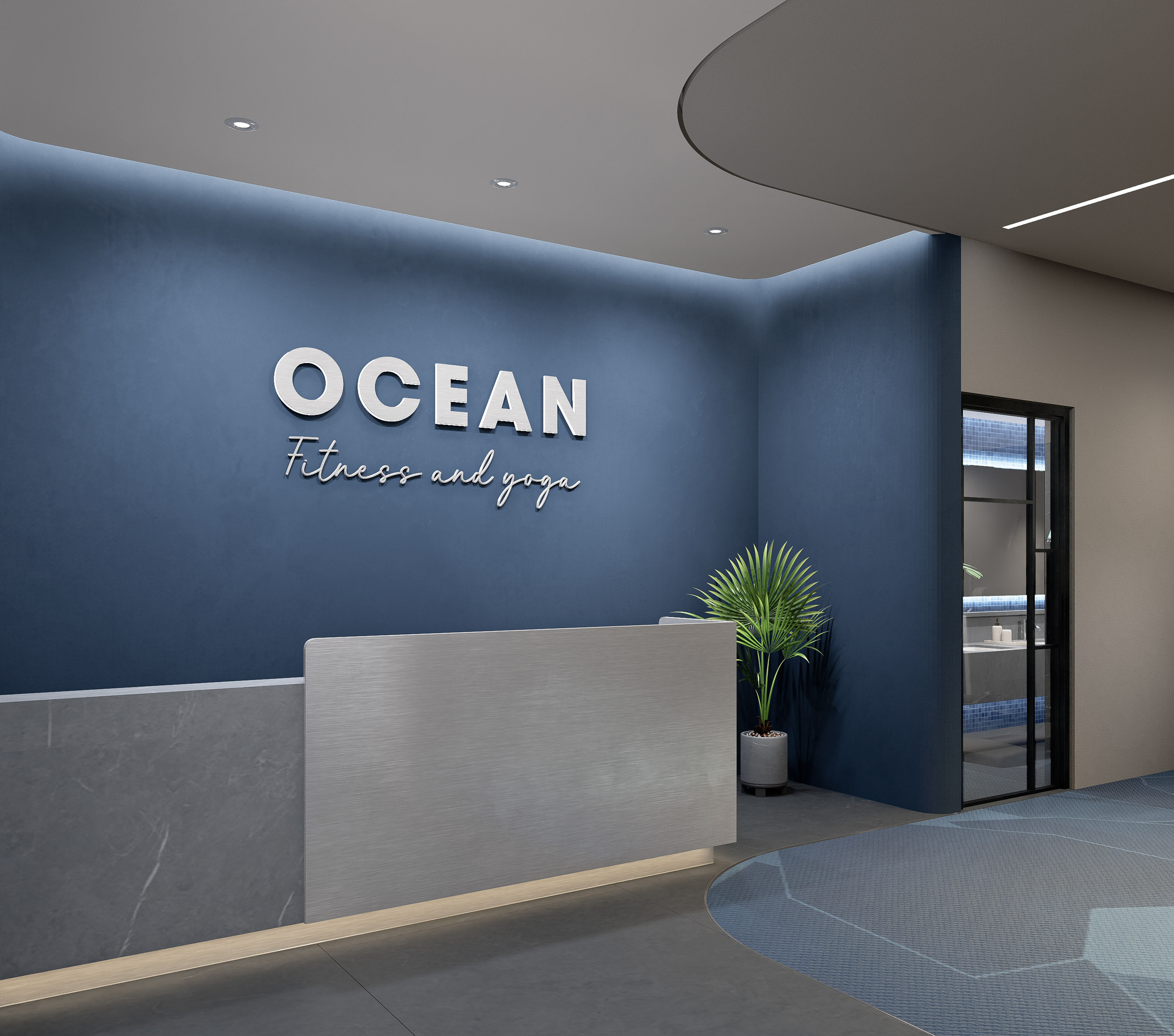 Recepção moderna de academia com parede azul e logotipo "OCEAN Fitness and yoga". - Academia 24 horas - Meliá Aurea Nha Trang, Nha Trang