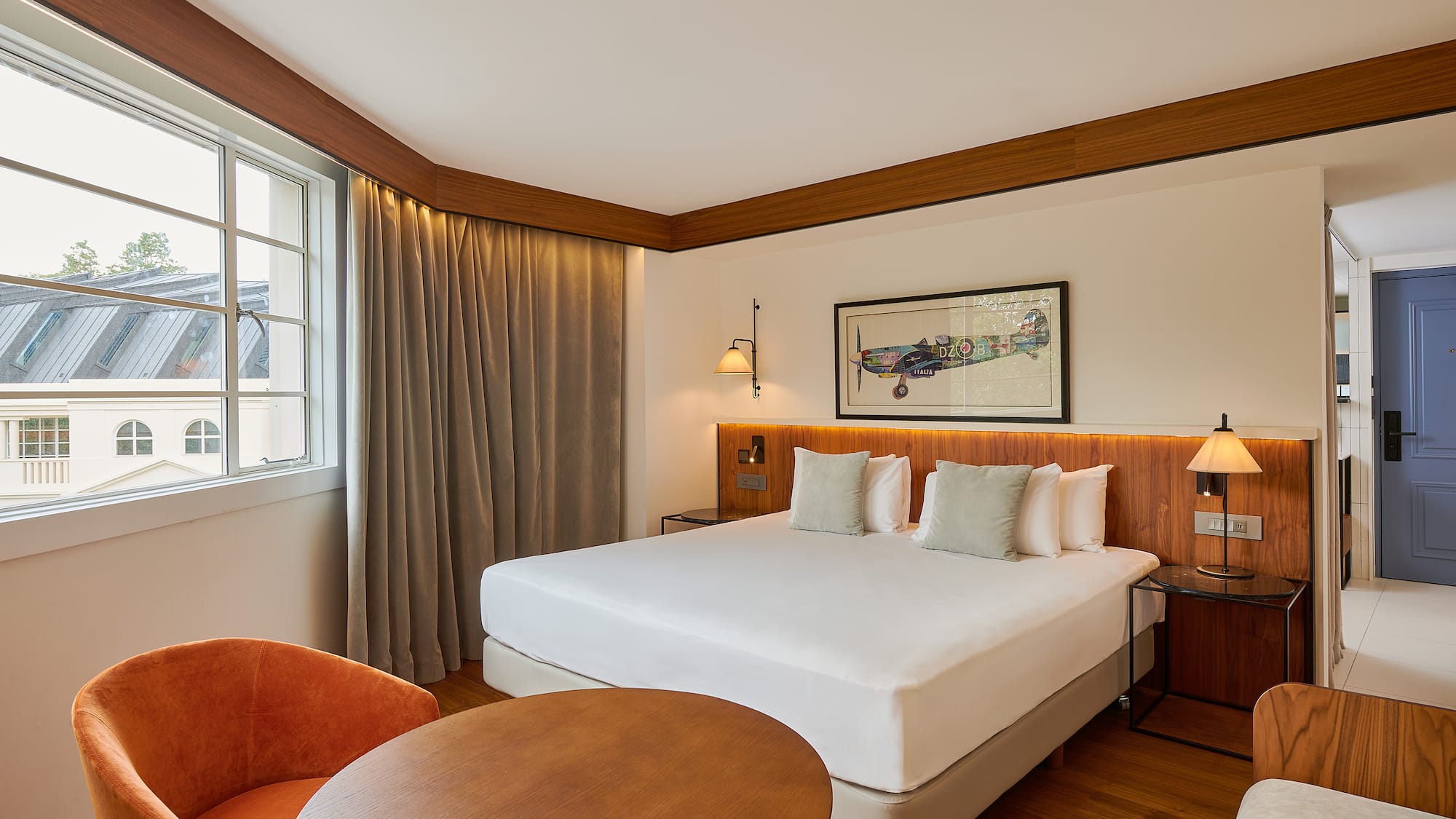 a room with a bed and a table