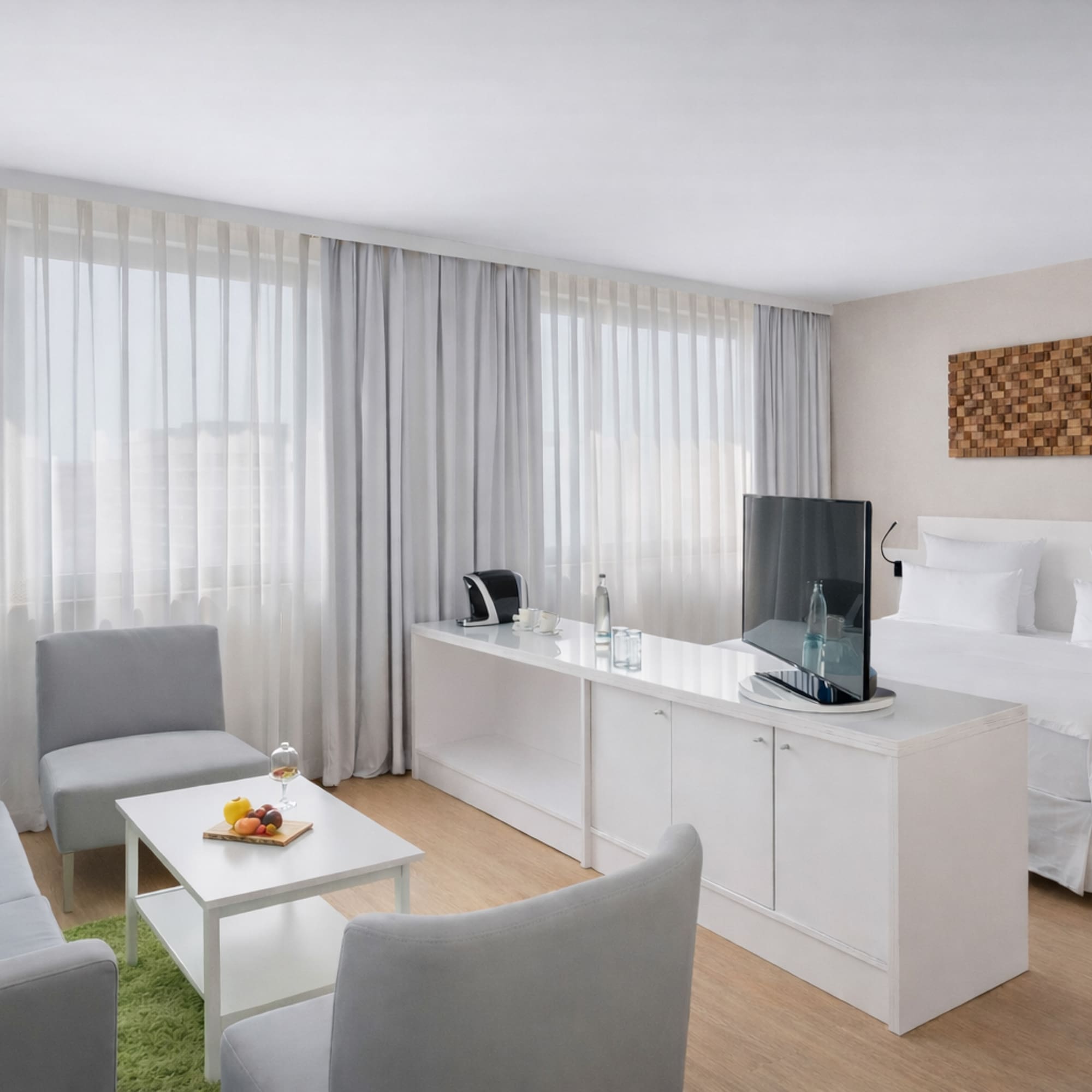 a room with a tv and a table