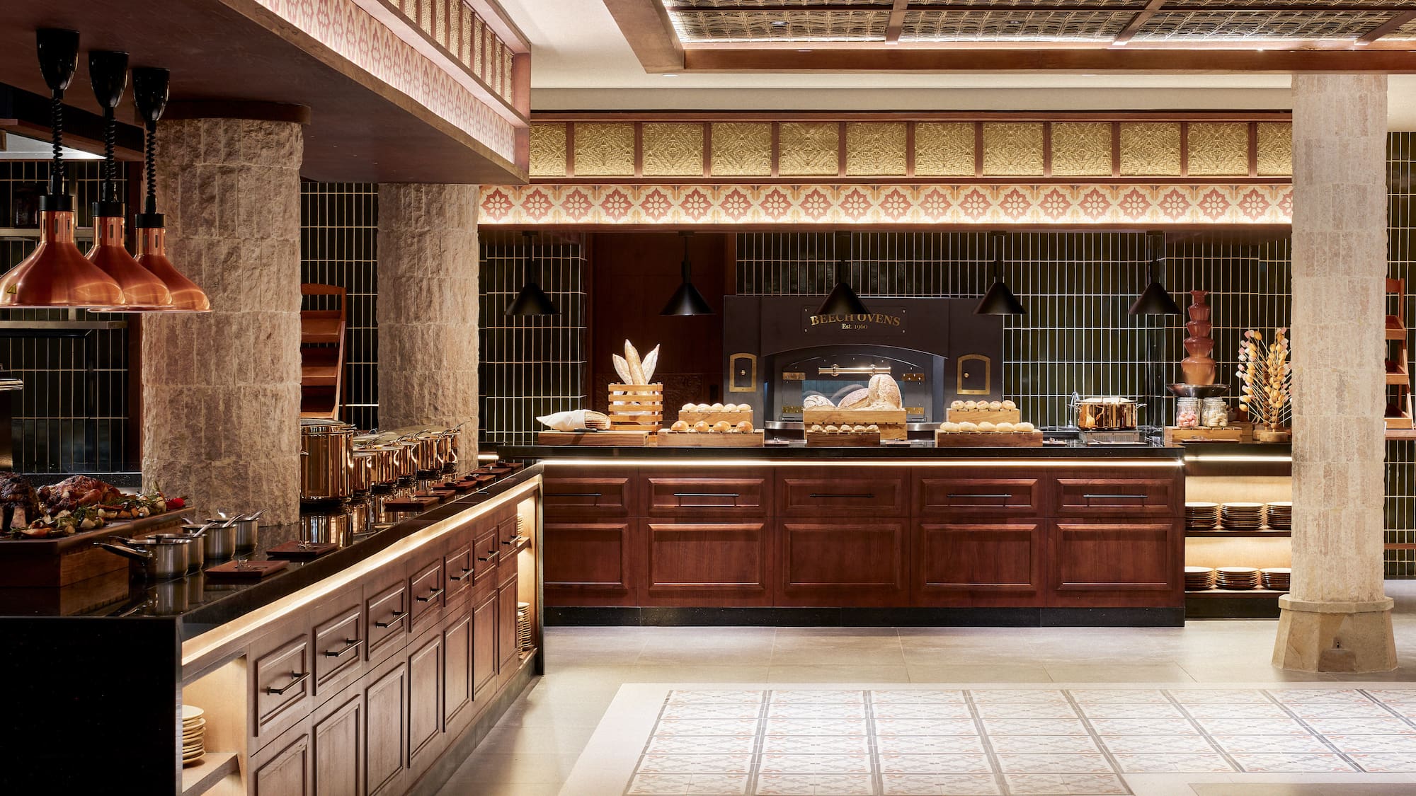 a food court with a counter and a large oven