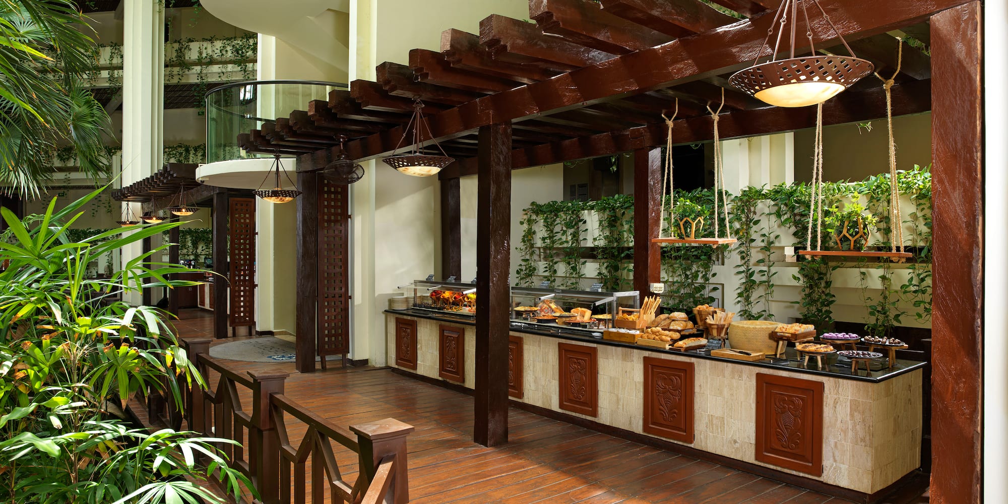 a restaurant with a wooden deck and a wood floor