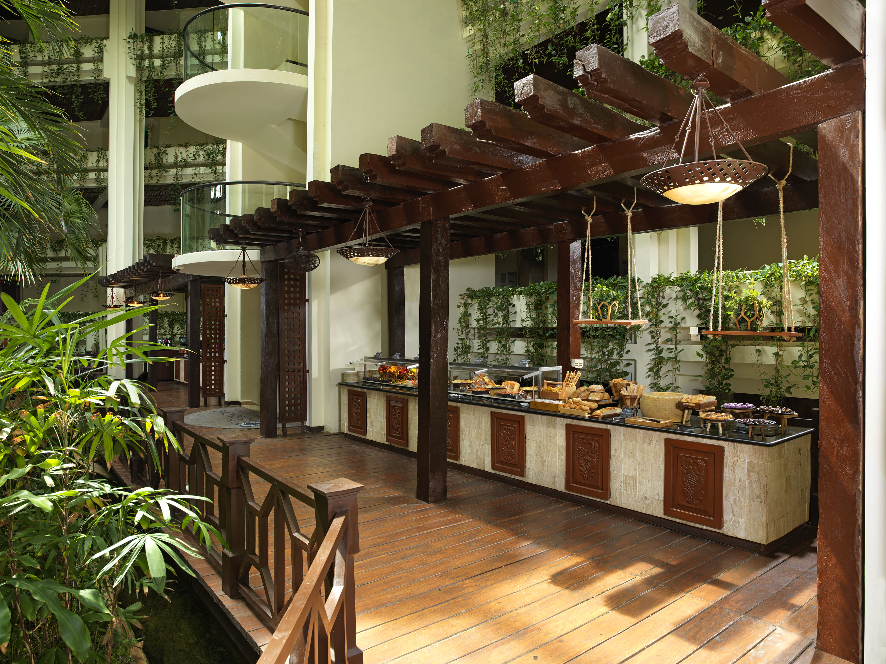 a restaurant with a wooden deck and a wood floor