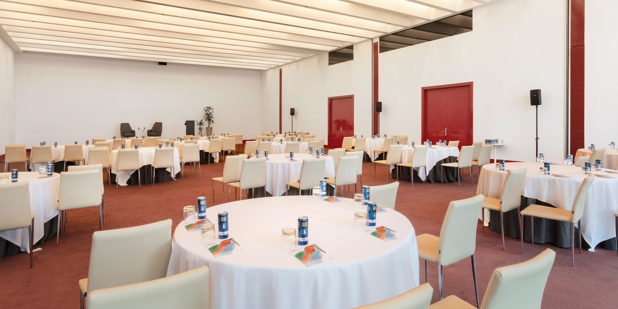 a room with tables and chairs