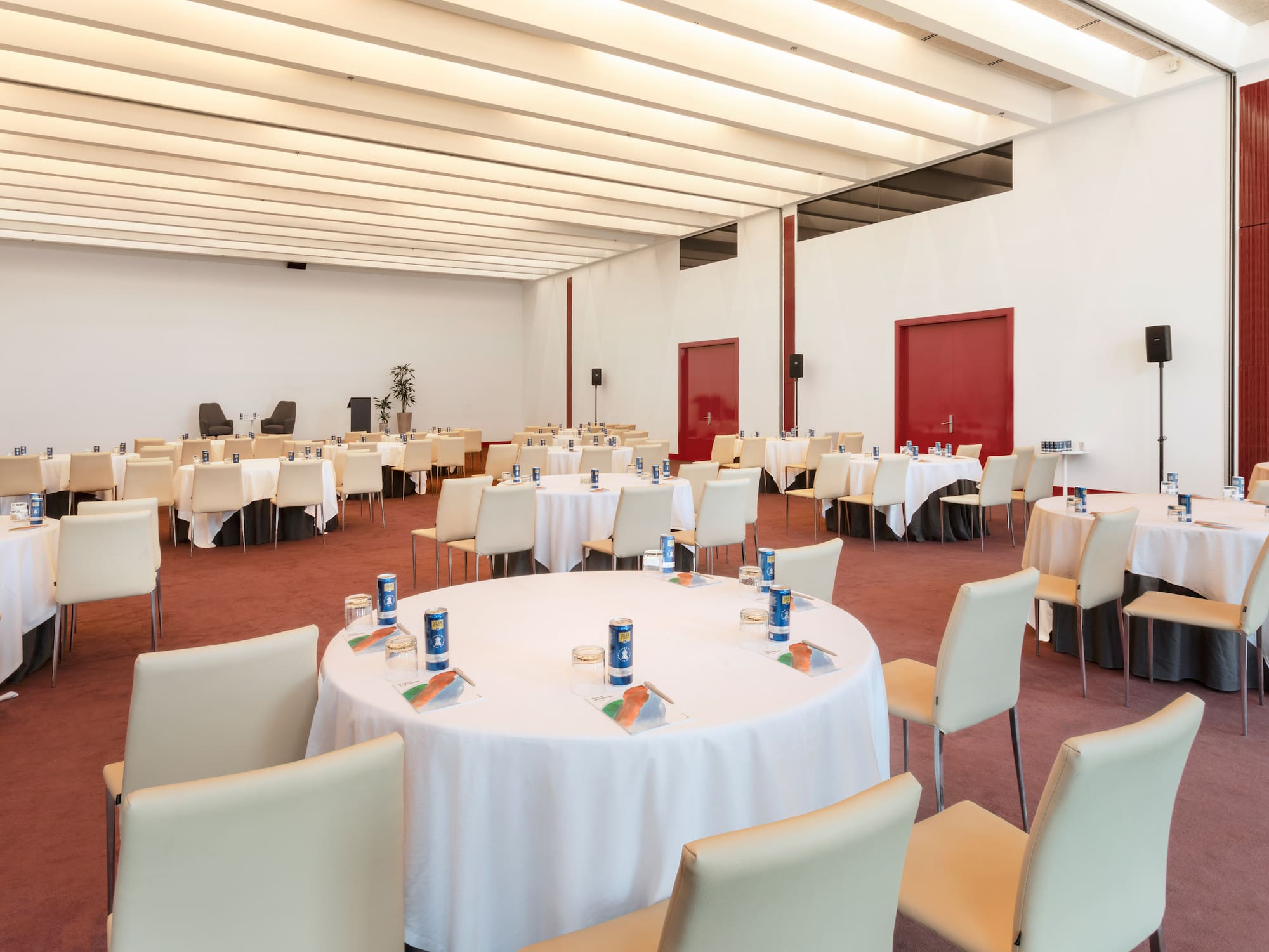 a room with tables and chairs