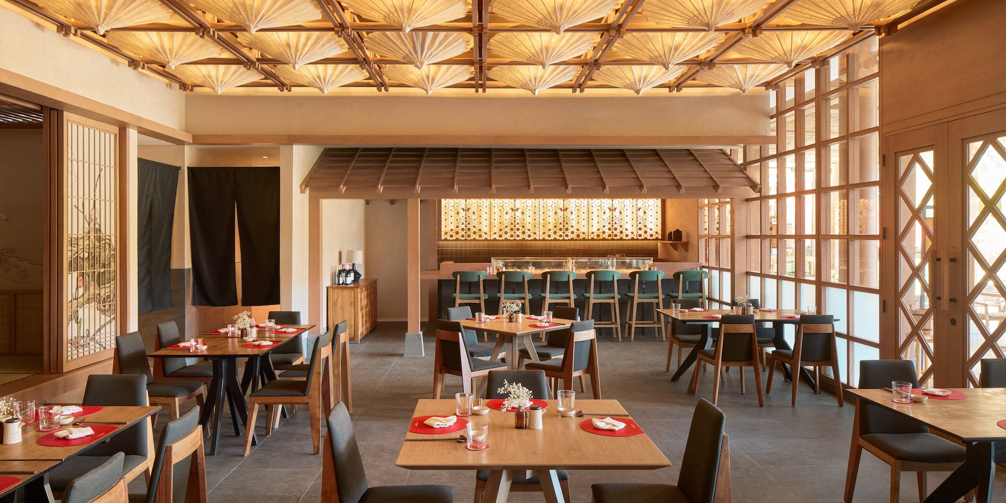 a room with tables and chairs