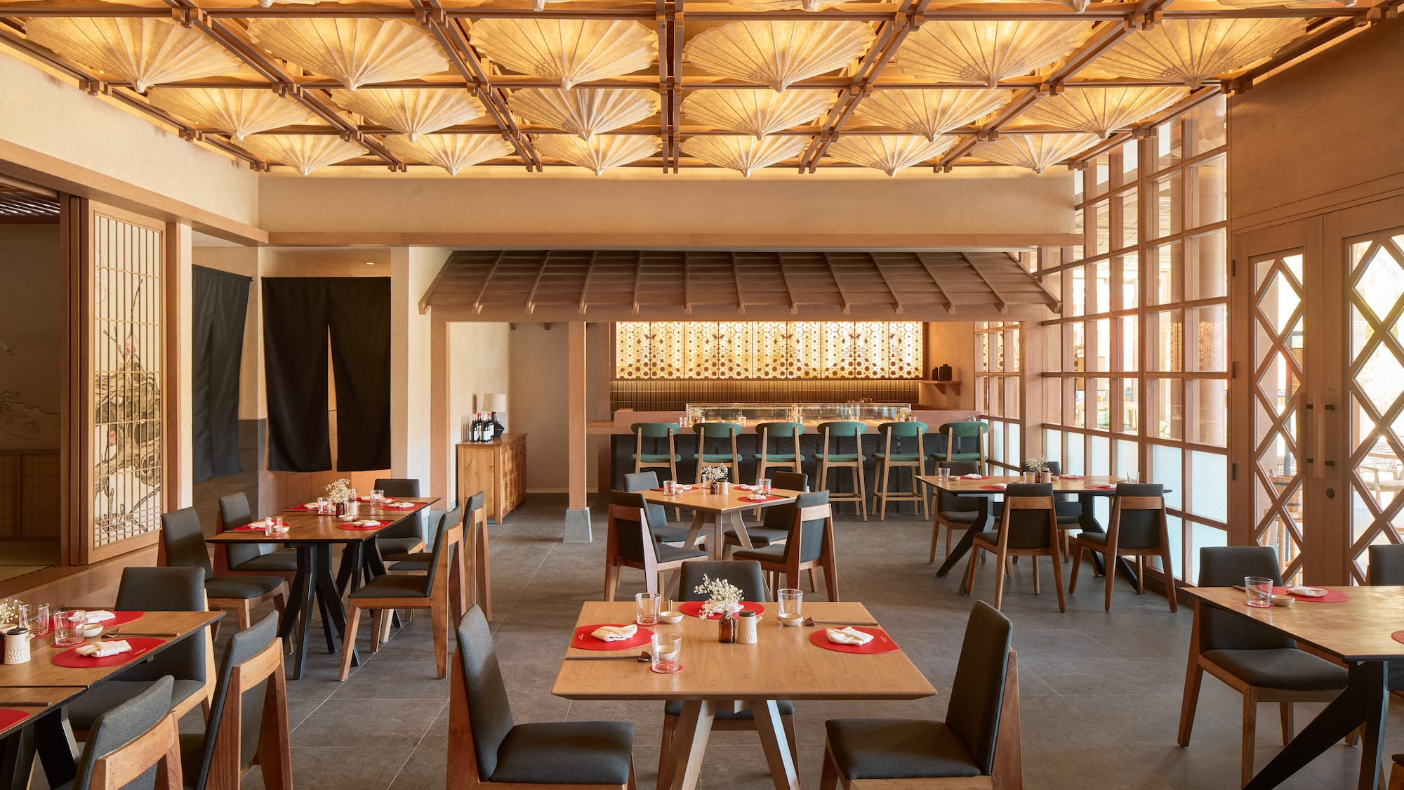 a room with tables and chairs