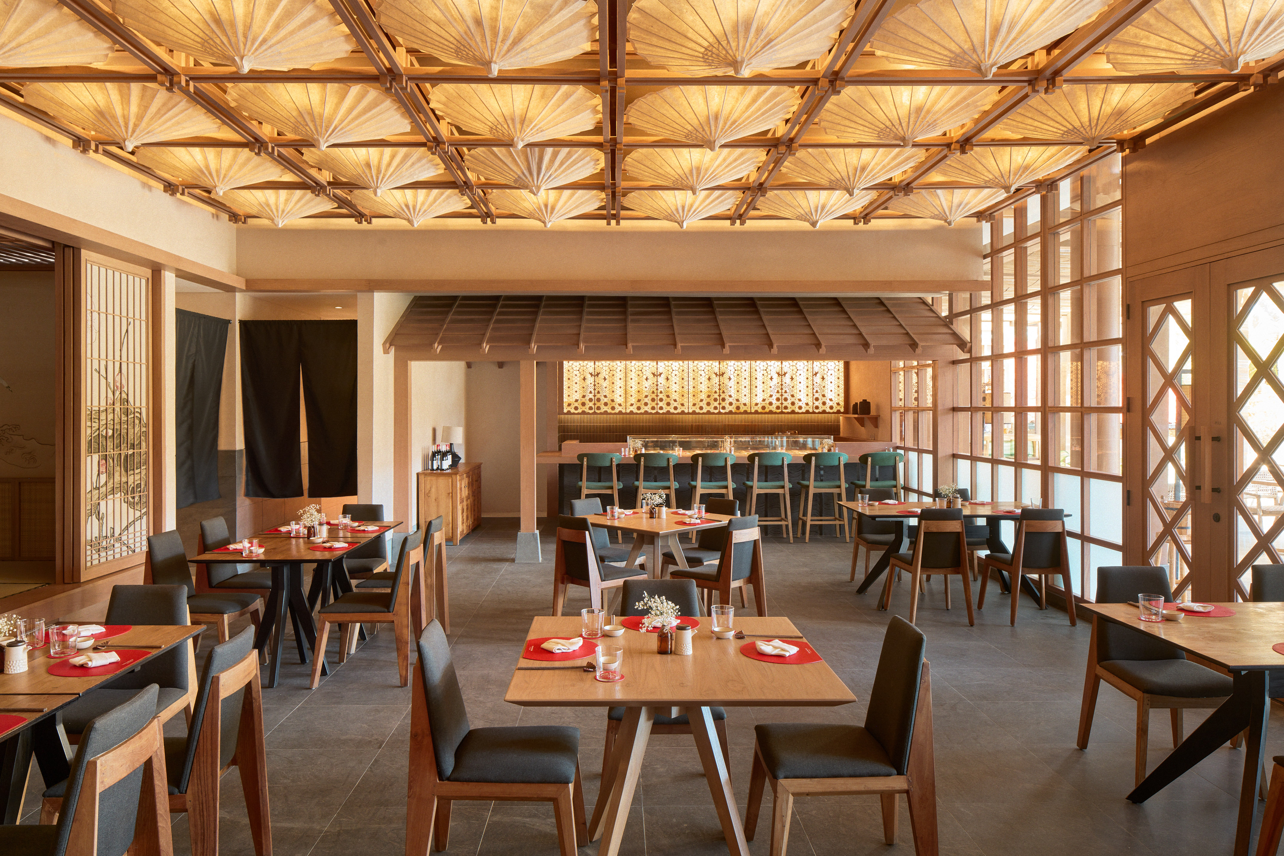 a room with tables and chairs