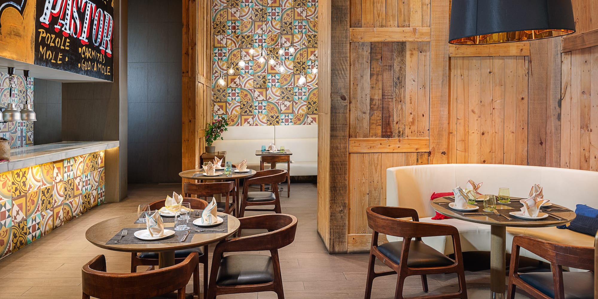 a room with tables and chairs