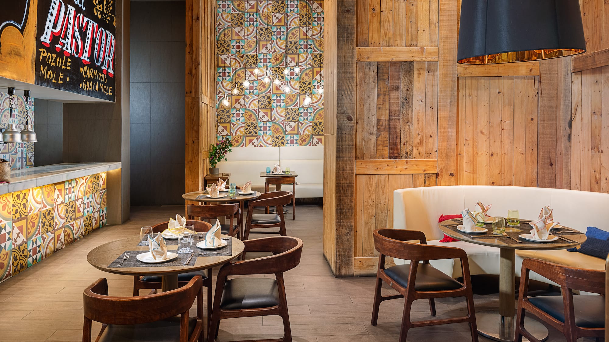 a room with tables and chairs