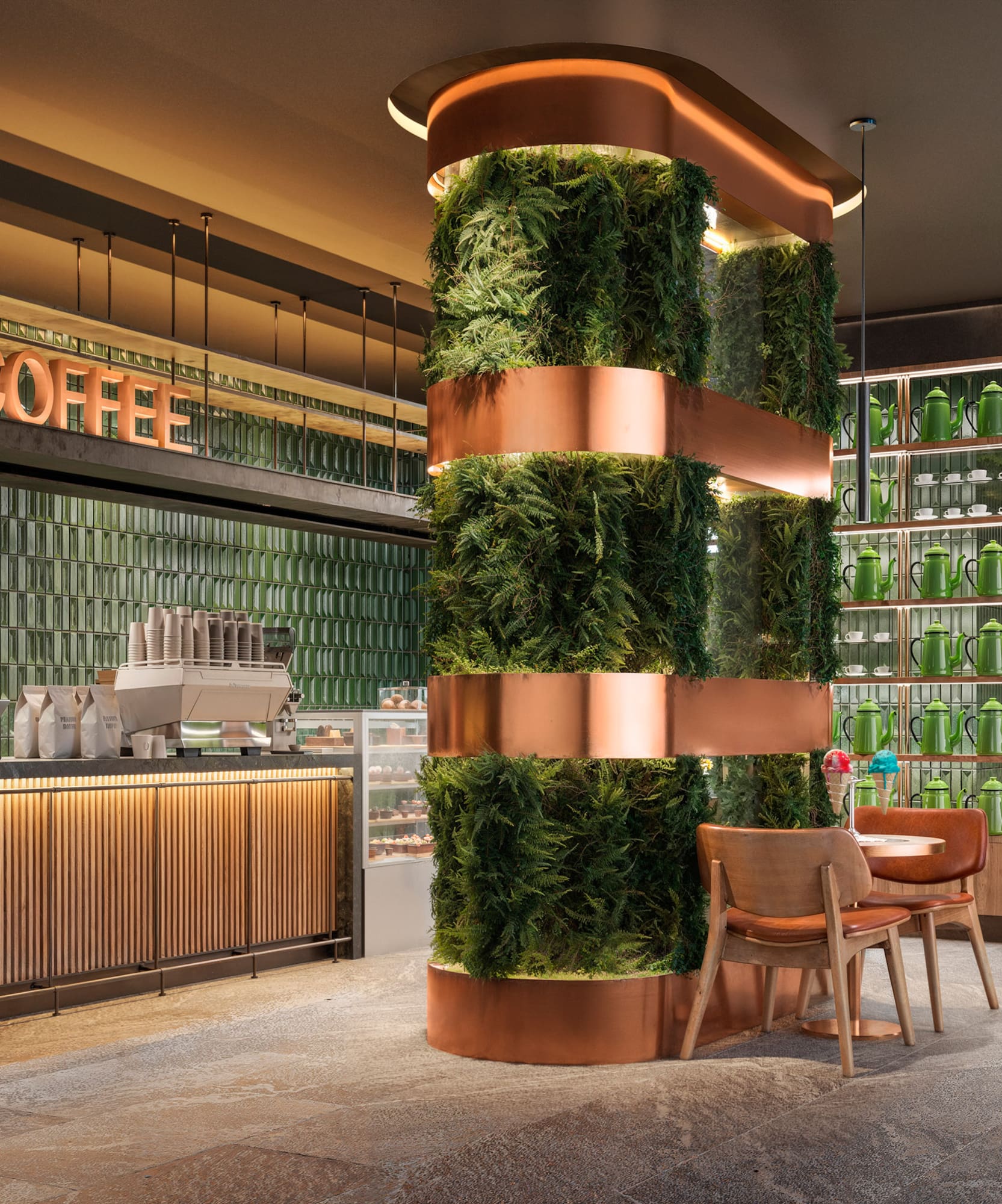 a green plant on a column in a restaurant