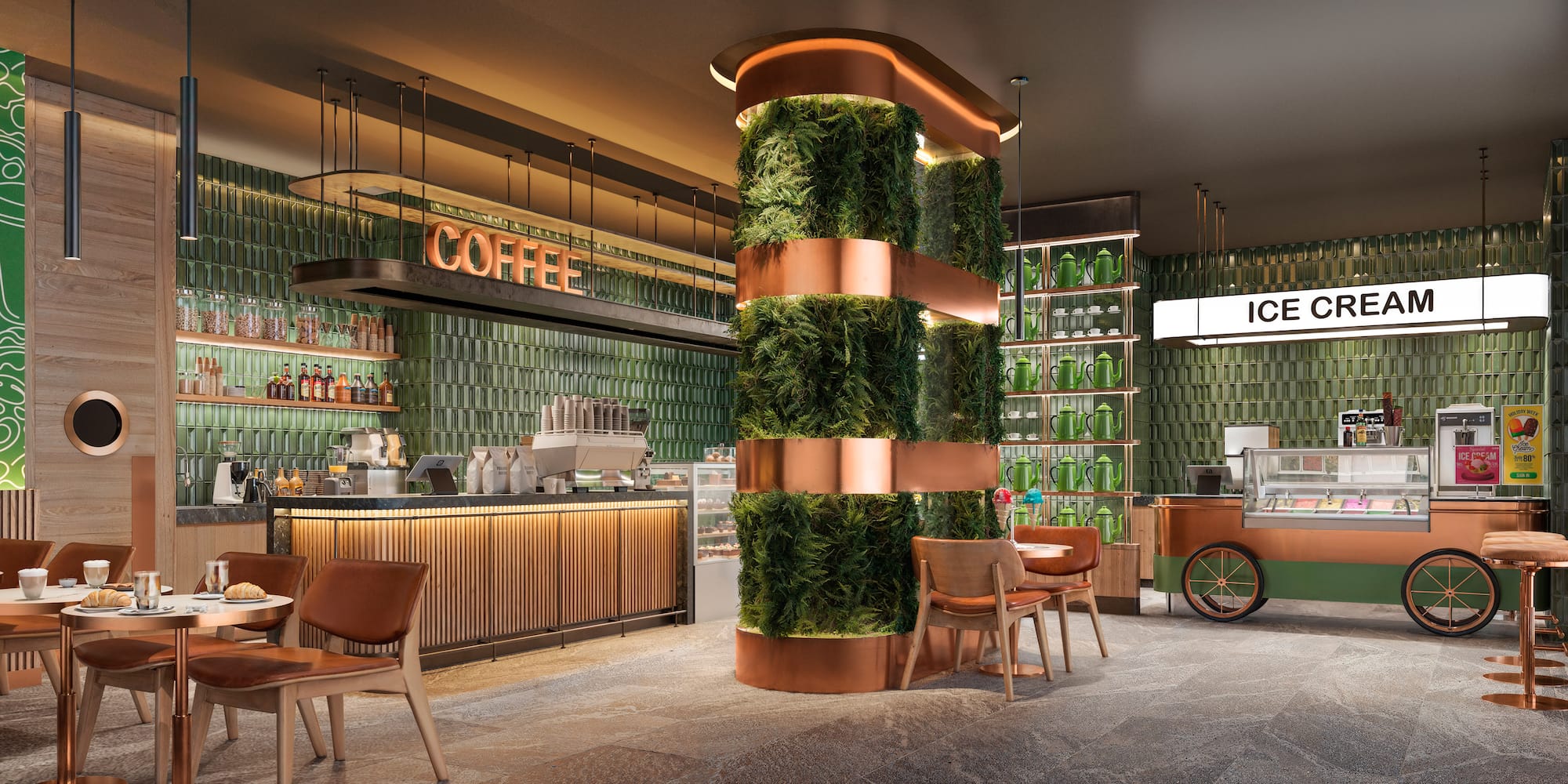 a green plant on a column in a restaurant