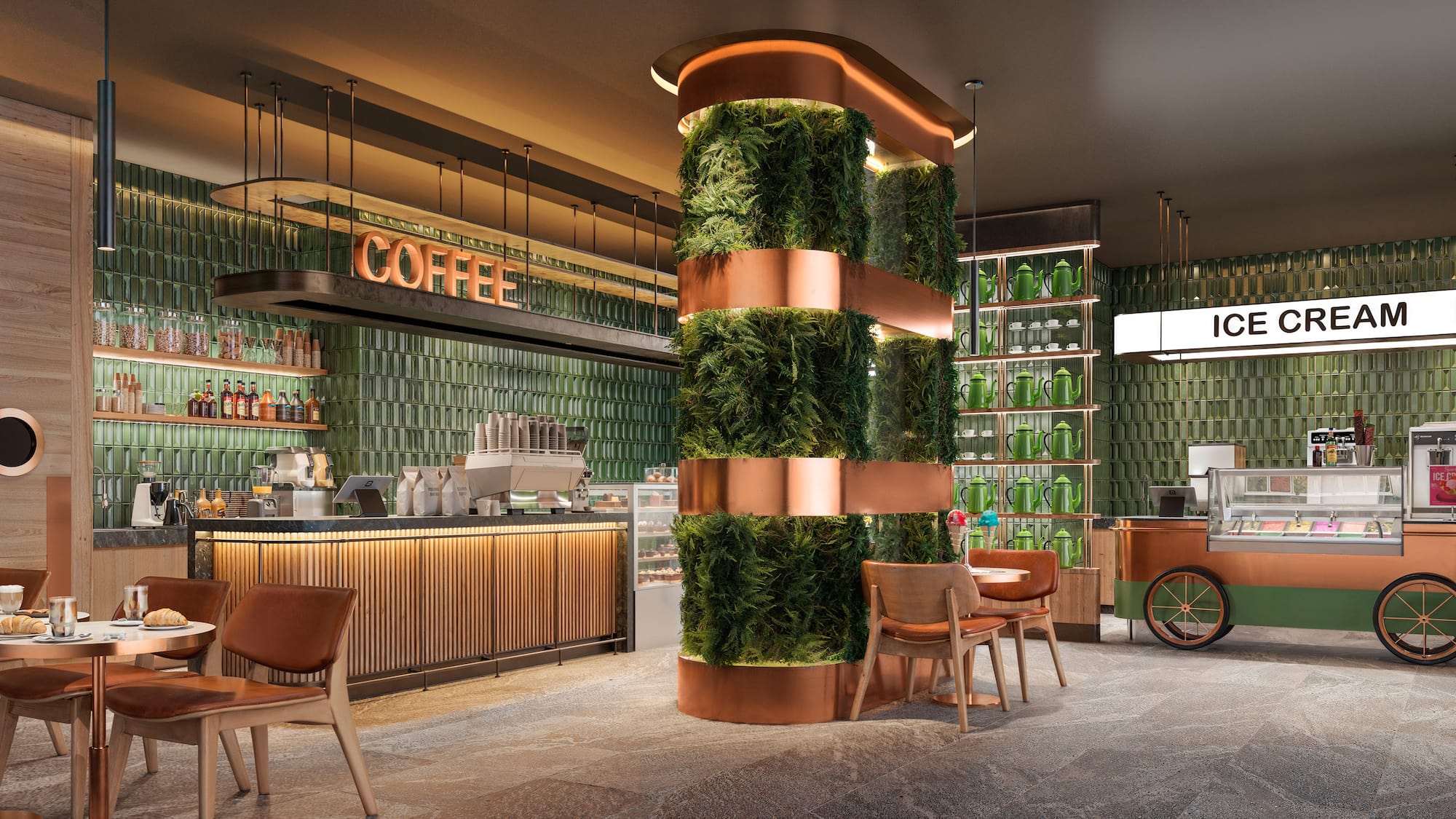 a green plant on a column in a restaurant