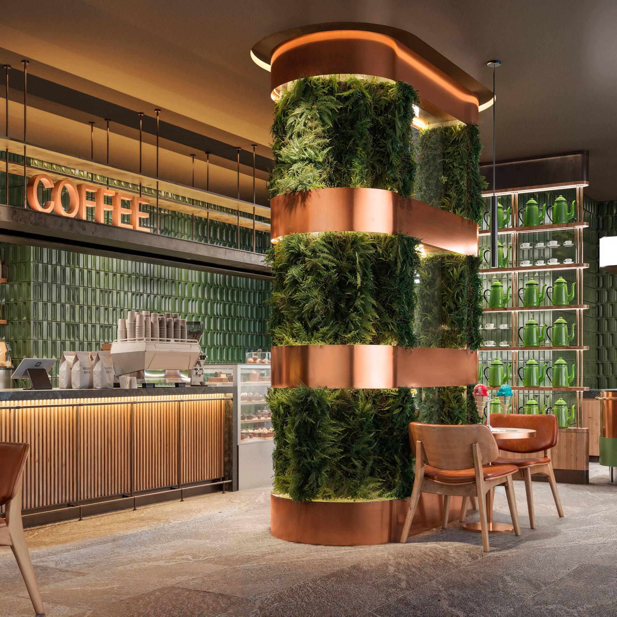 a green plant on a column in a restaurant