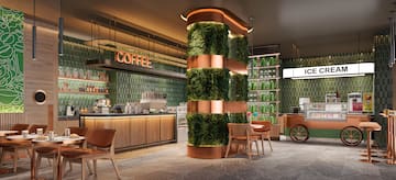 a green plant on a column in a restaurant