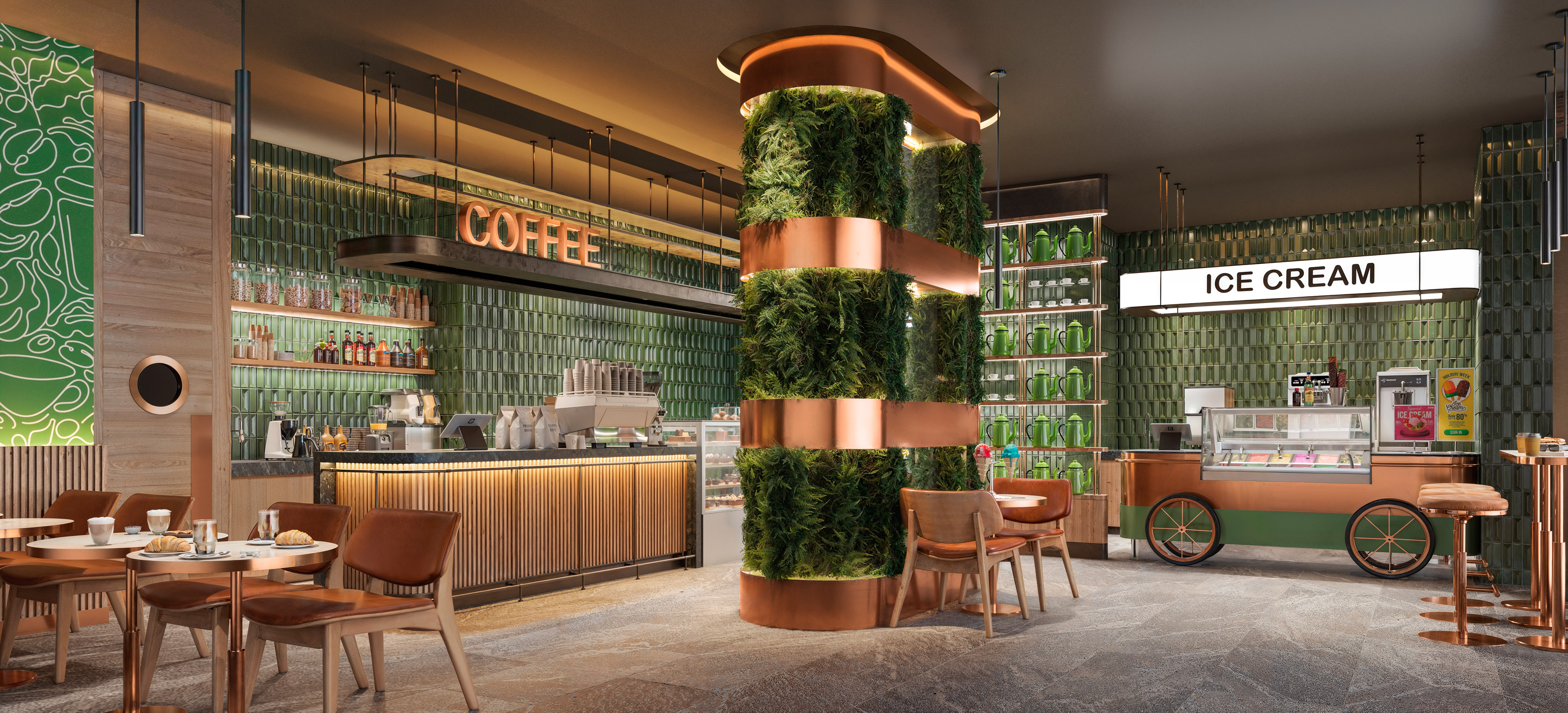 a green plant on a column in a restaurant