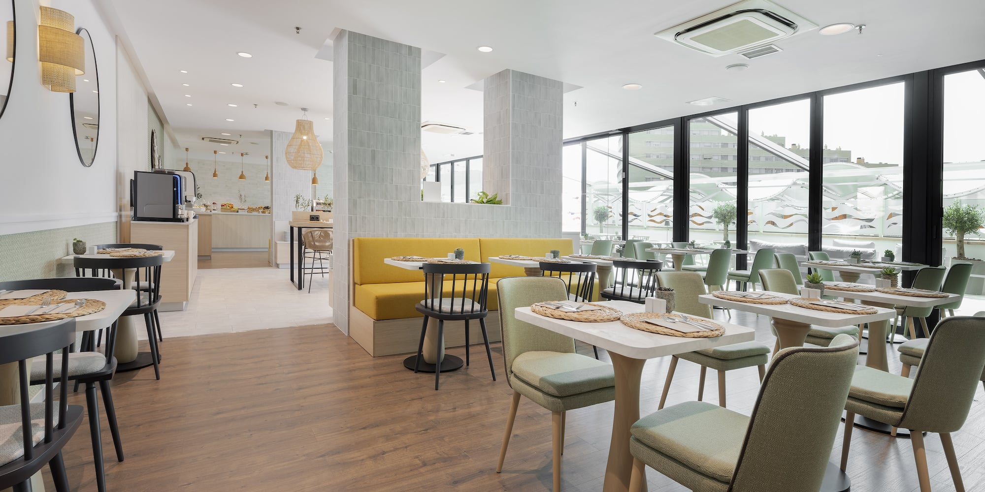 a room with tables and chairs