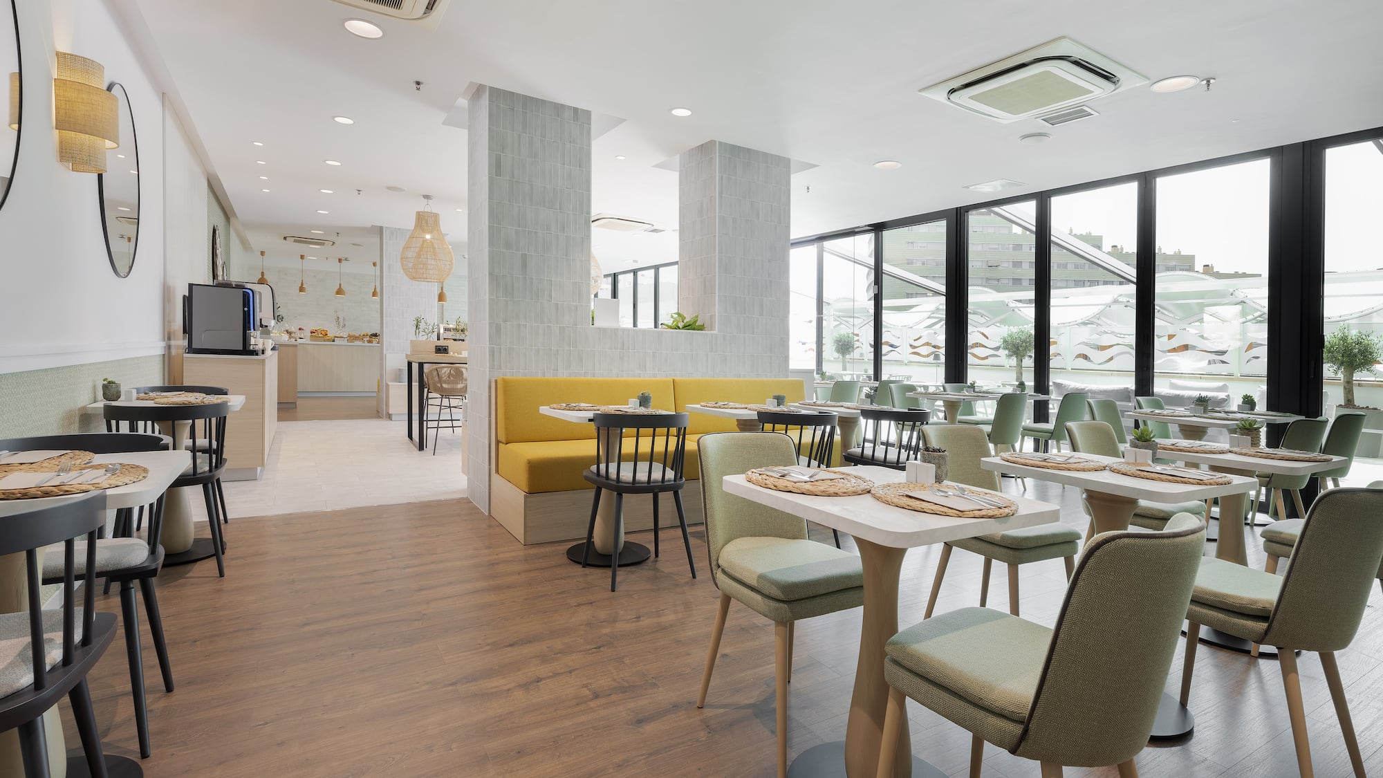 a room with tables and chairs