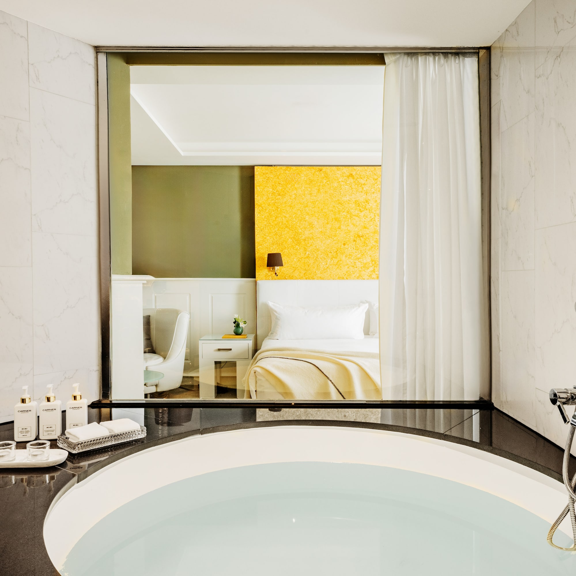 a bathroom with a large tub