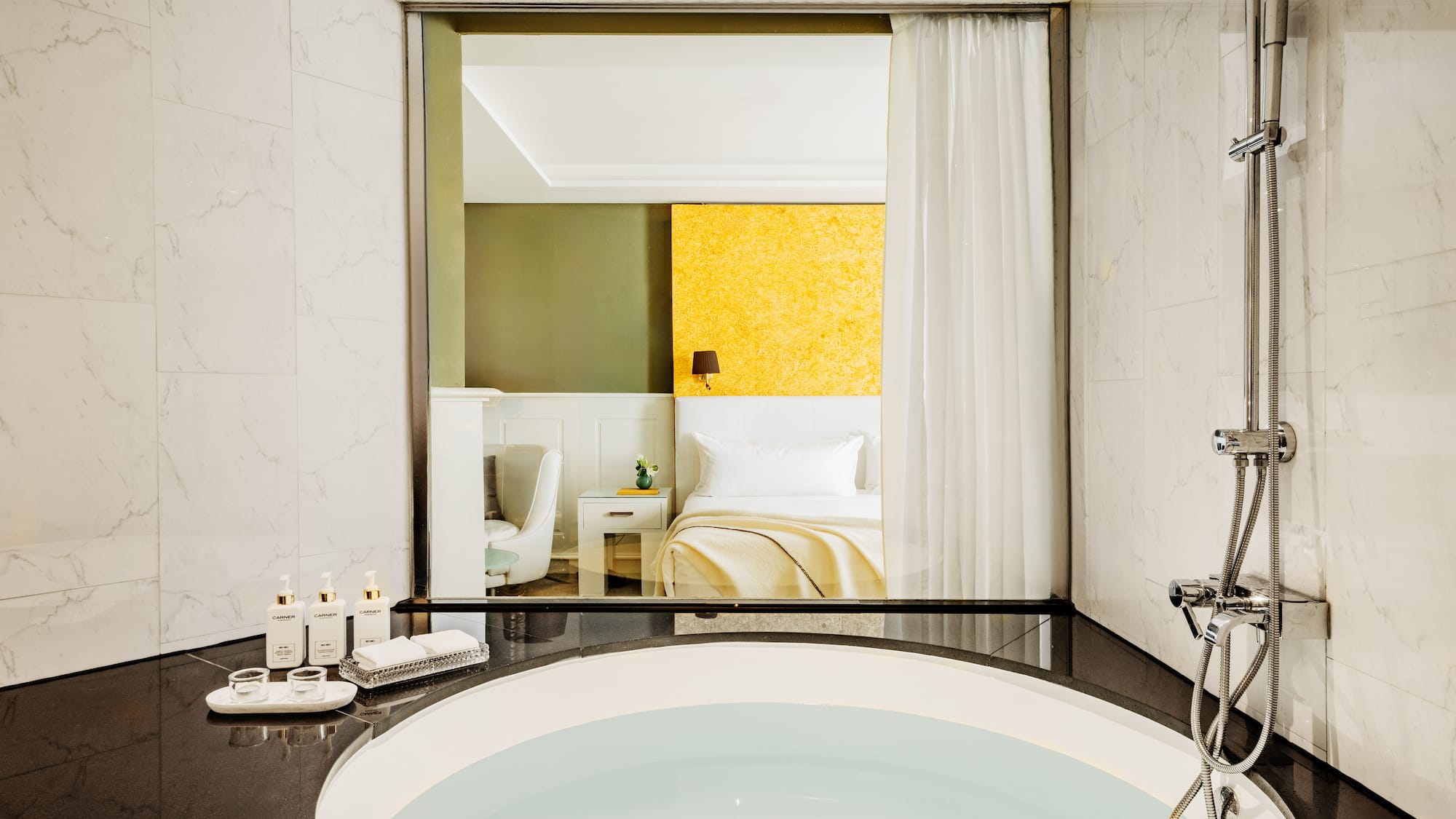 a bathroom with a large tub