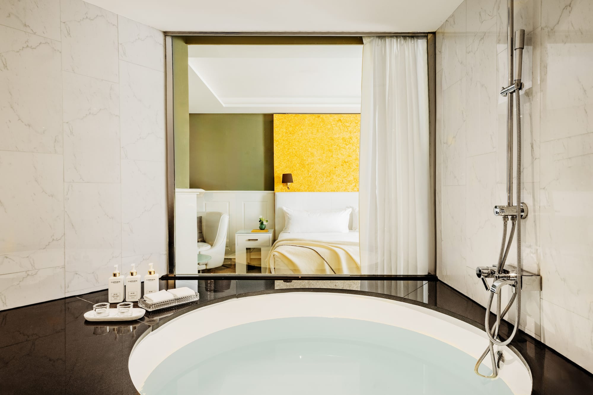 a bathroom with a large tub