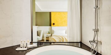 a bathroom with a large tub