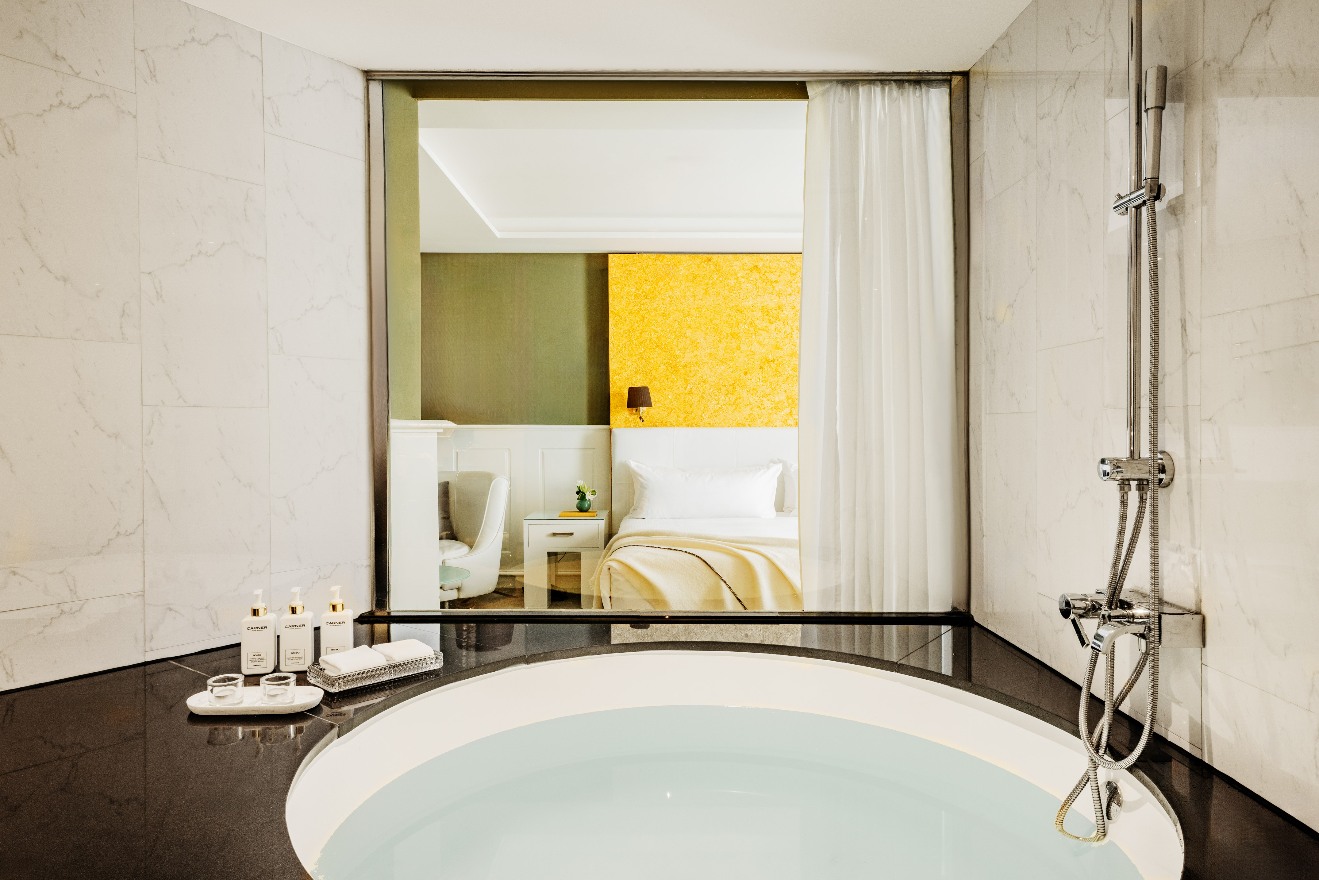 a bathroom with a large tub