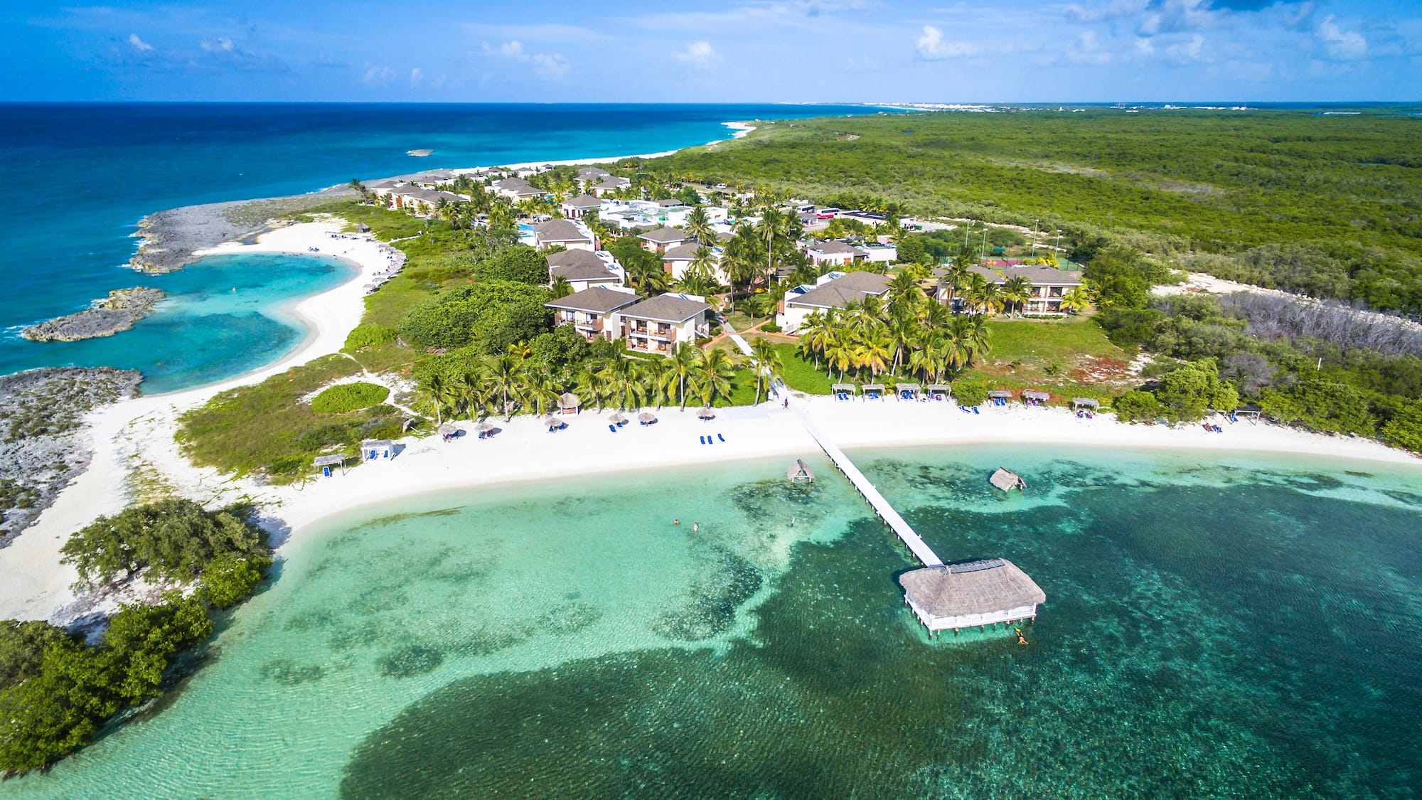 a beach with houses and a dock