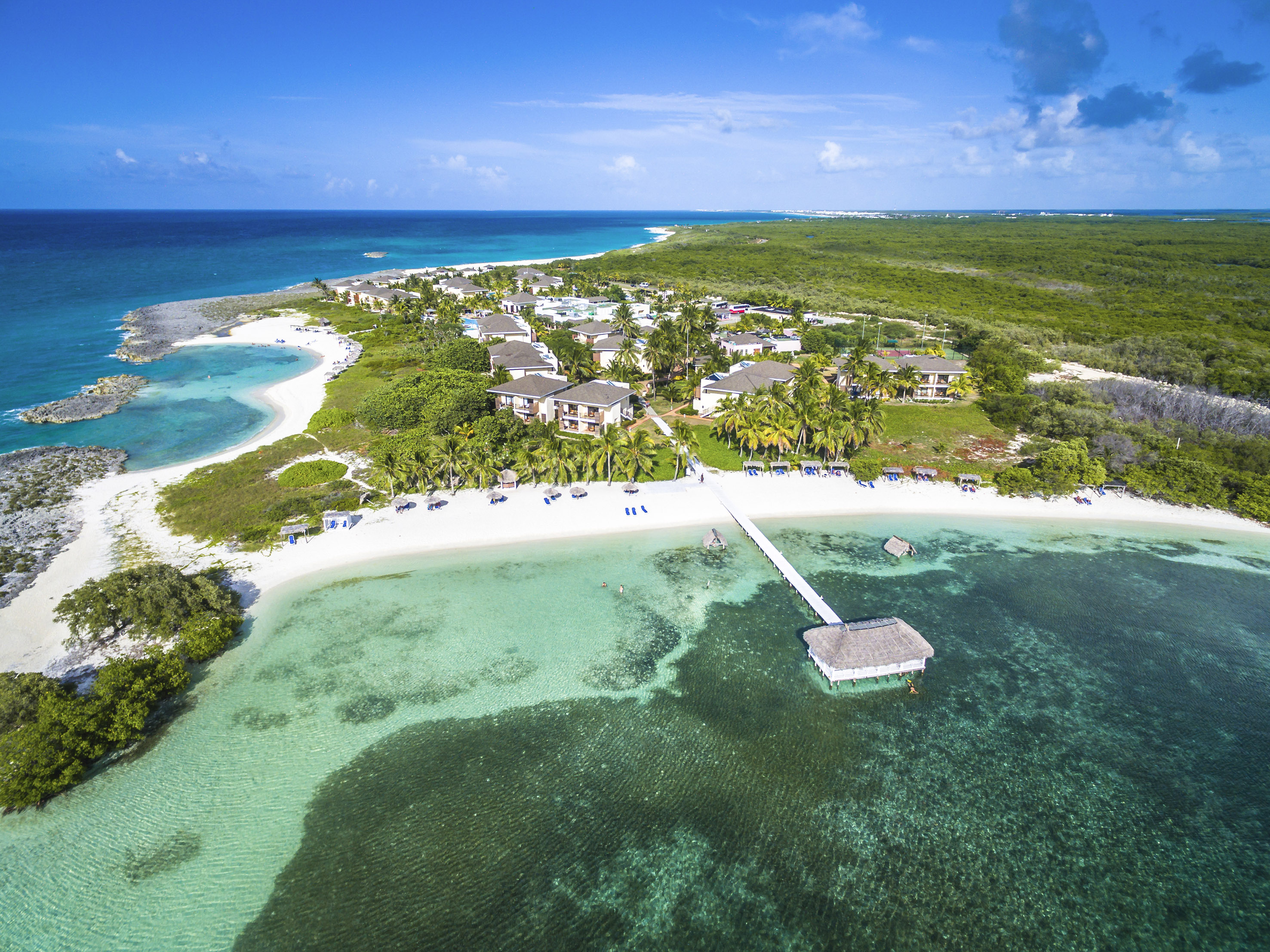 a beach with houses and a dock