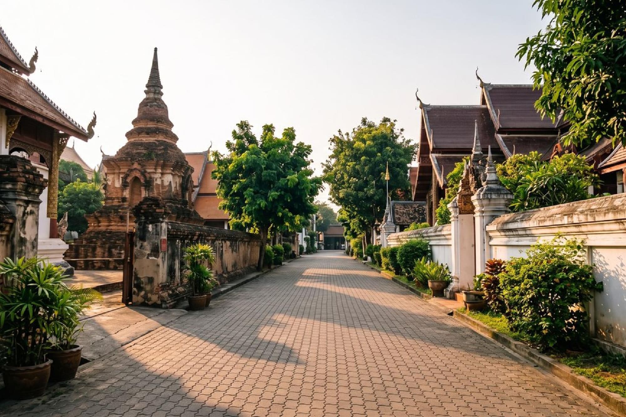 Historic Lanna temple street with brick stupa and traditional Thai buildings.
