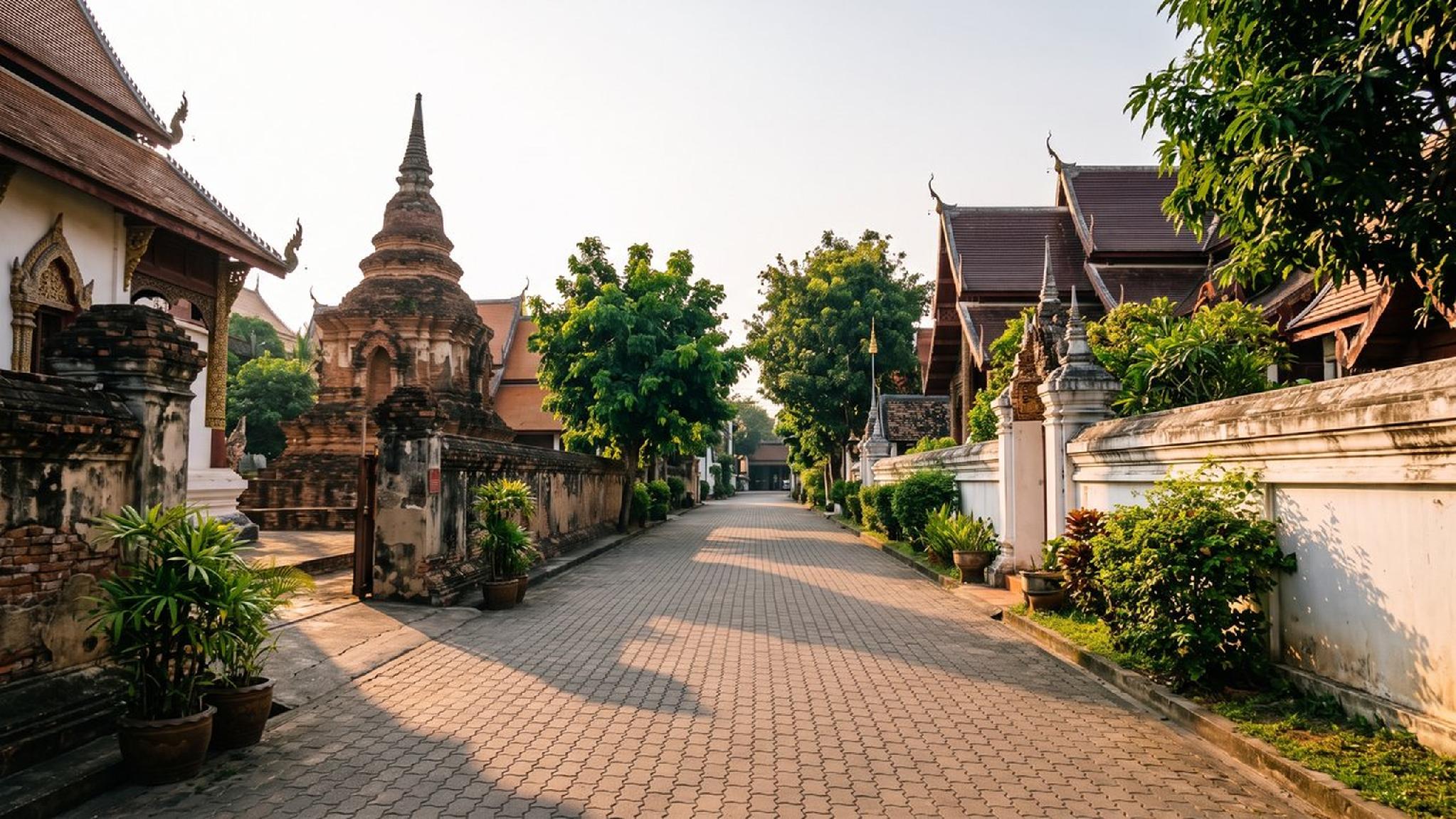 Historic Lanna temple street with brick stupa and traditional Thai buildings.