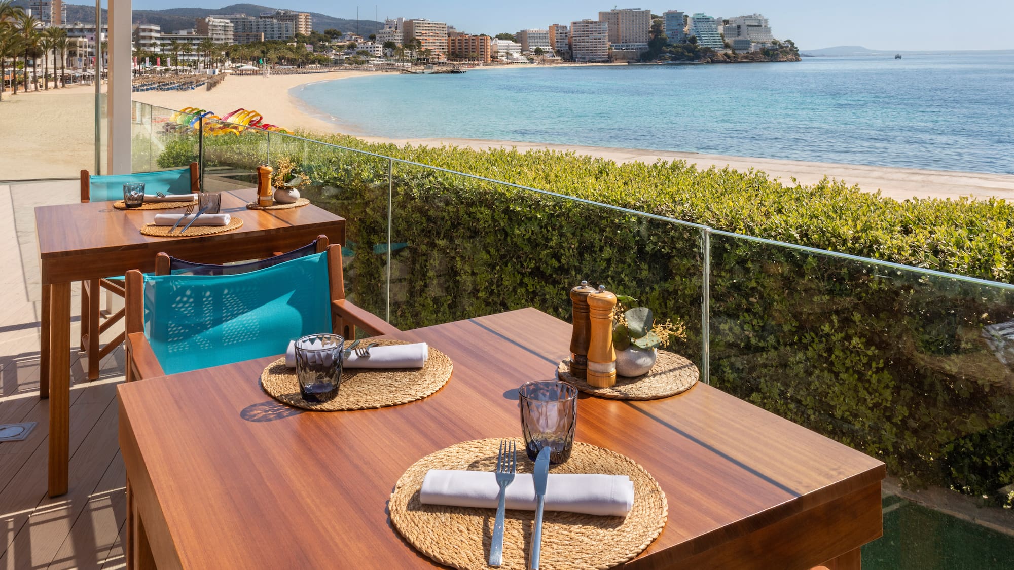 a table with a beach view