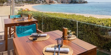 a table with a beach view