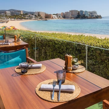 a table with a beach view