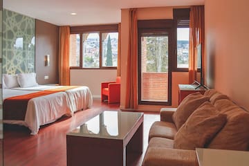 a room with a bed and couches