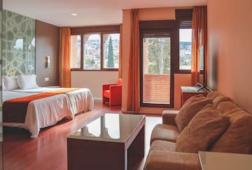 a room with a bed and couches