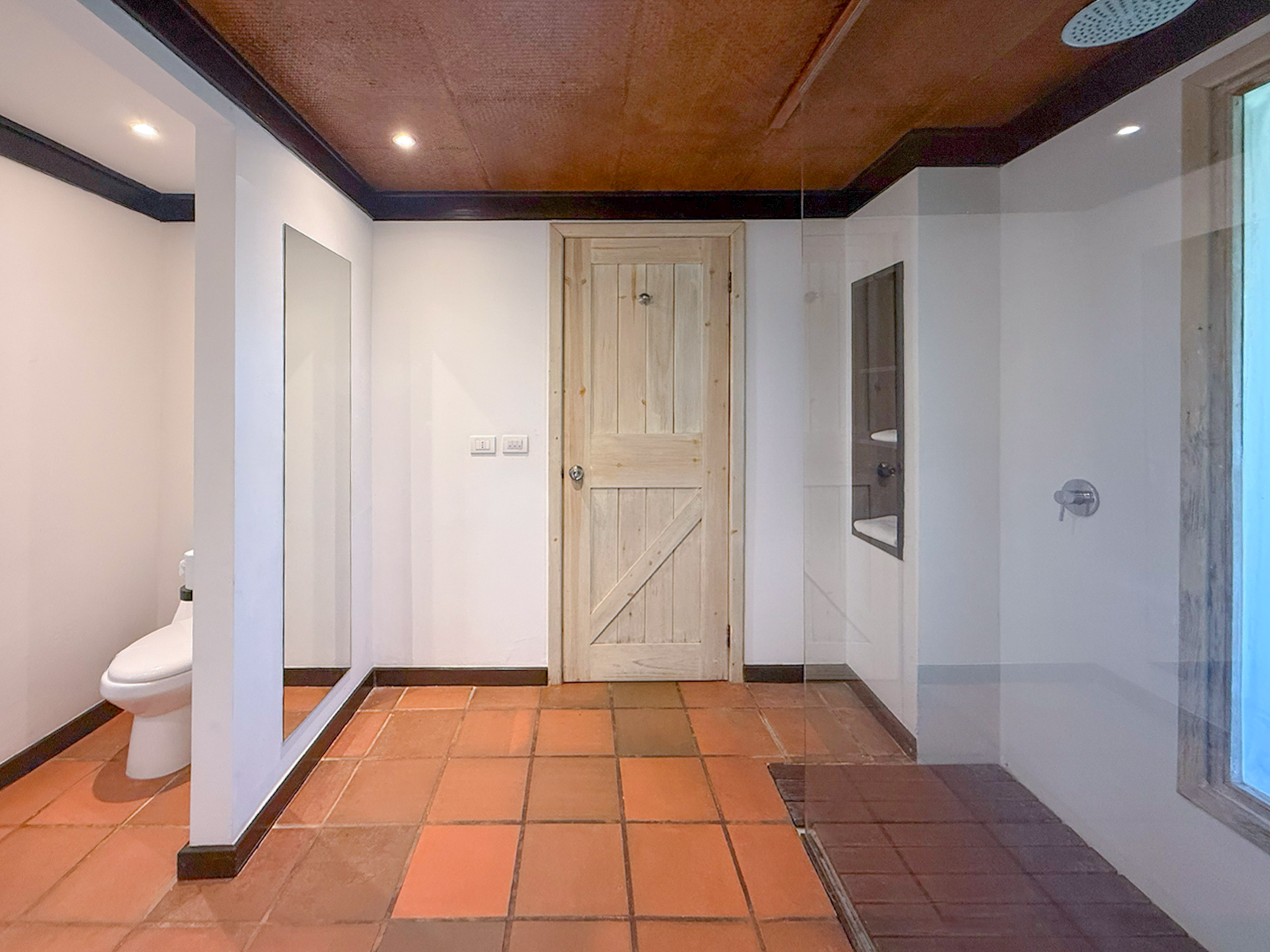Bathroom interior with terracotta tile floor, wooden door, toilet, and glass shower.