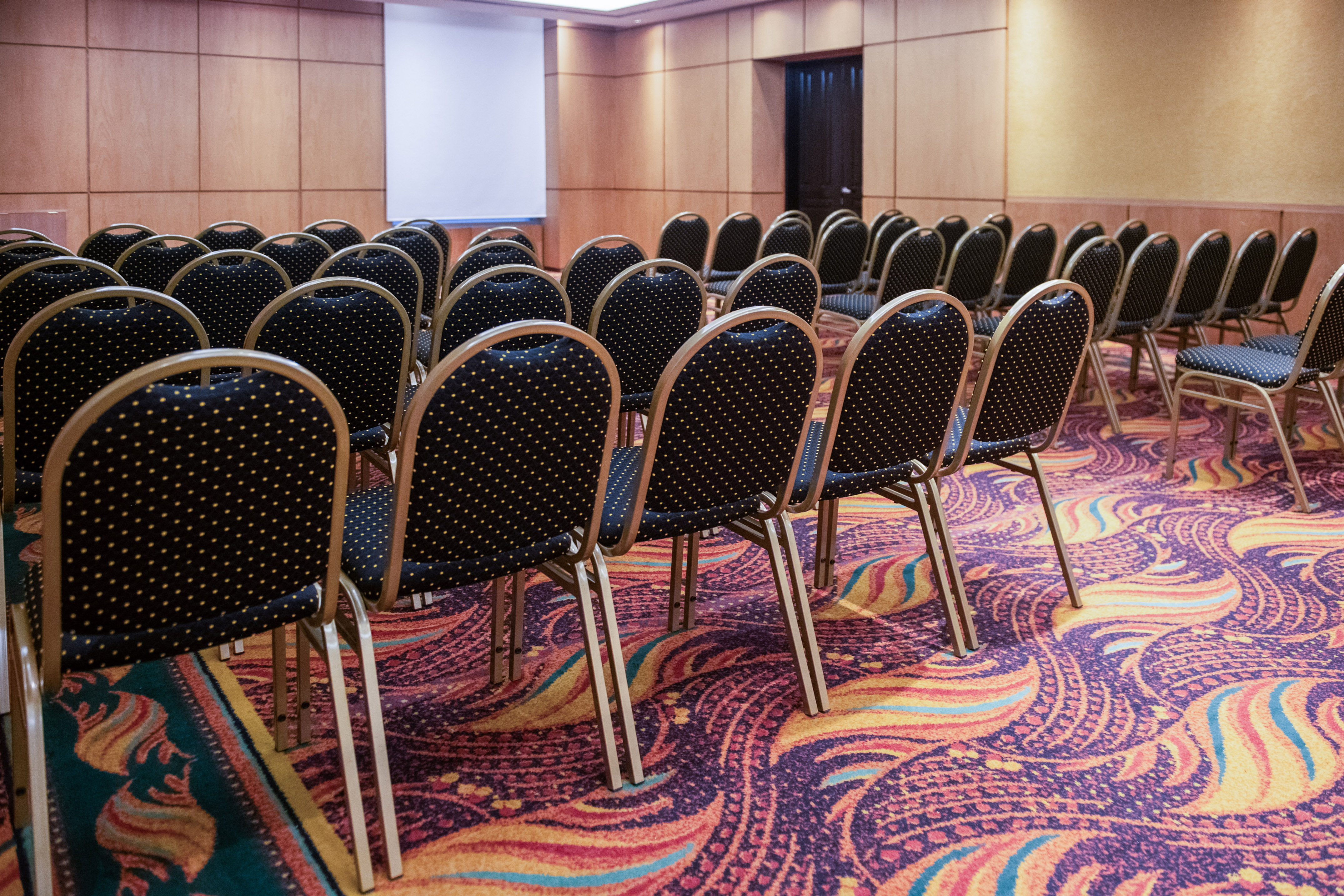 Empty conference room with rows of chairs and a projection screen.