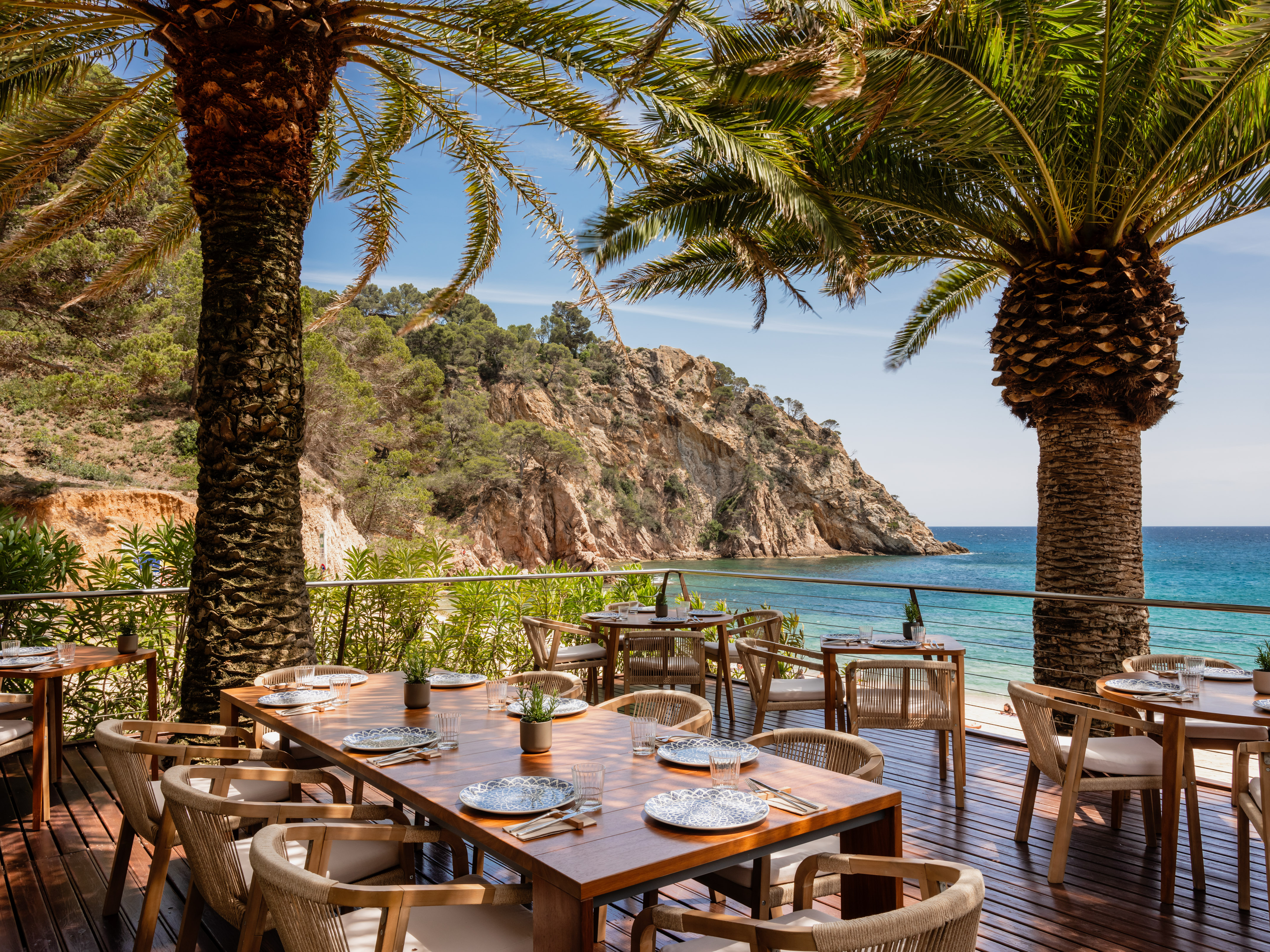 Beachside dining terrace with set tables, palm trees, ocean, and rocky cliffs.