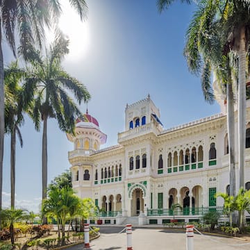 a large white building with palm trees