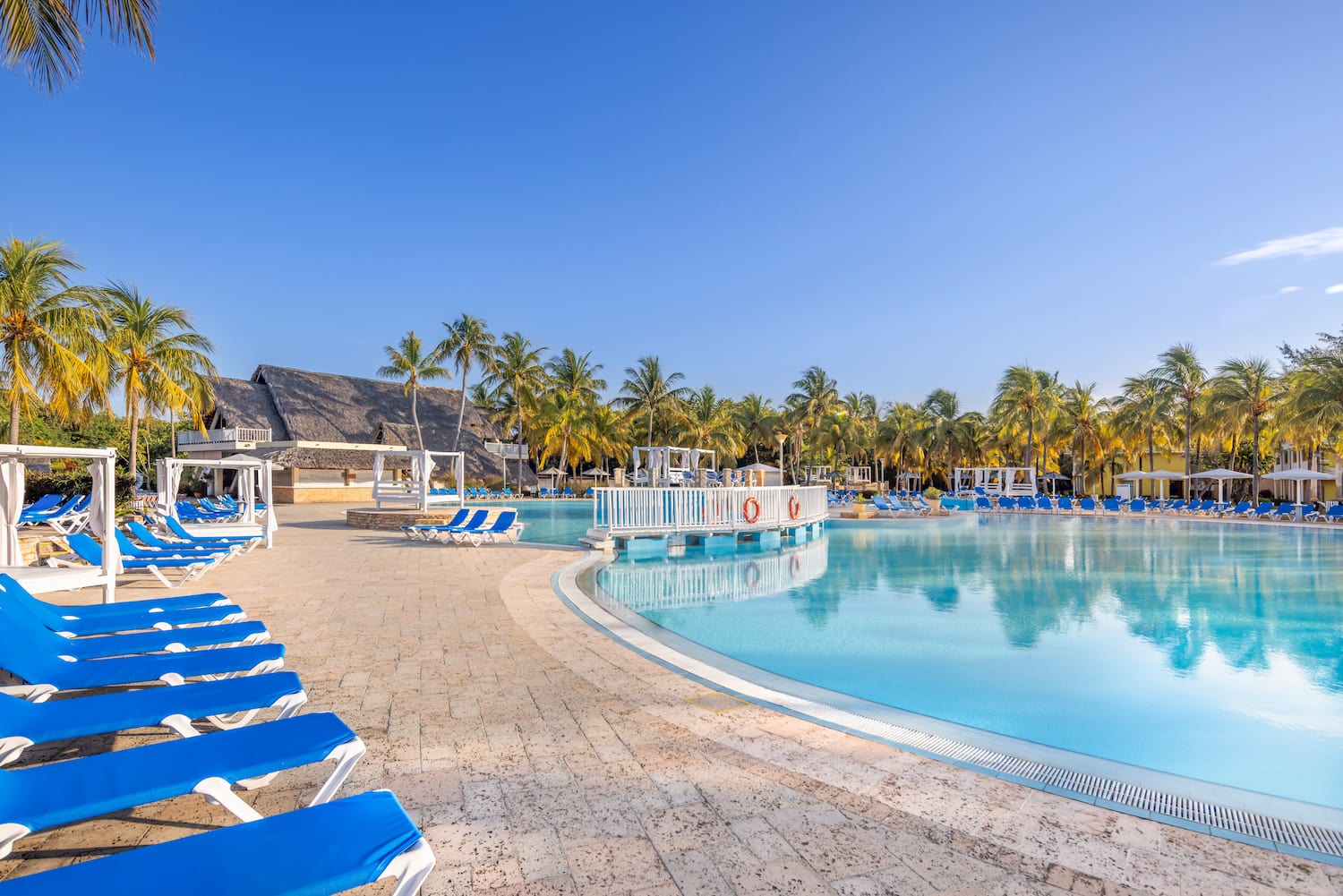 a pool with lounge chairs and palm trees
