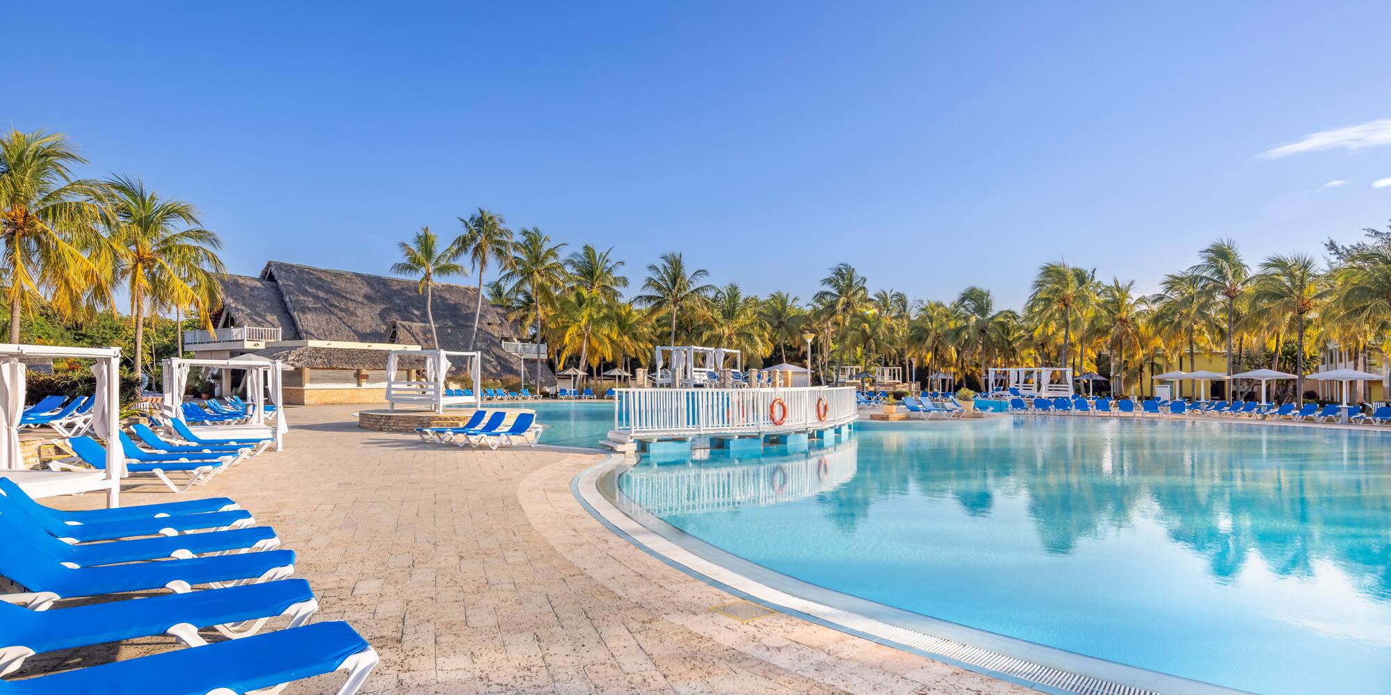 a pool with lounge chairs and palm trees