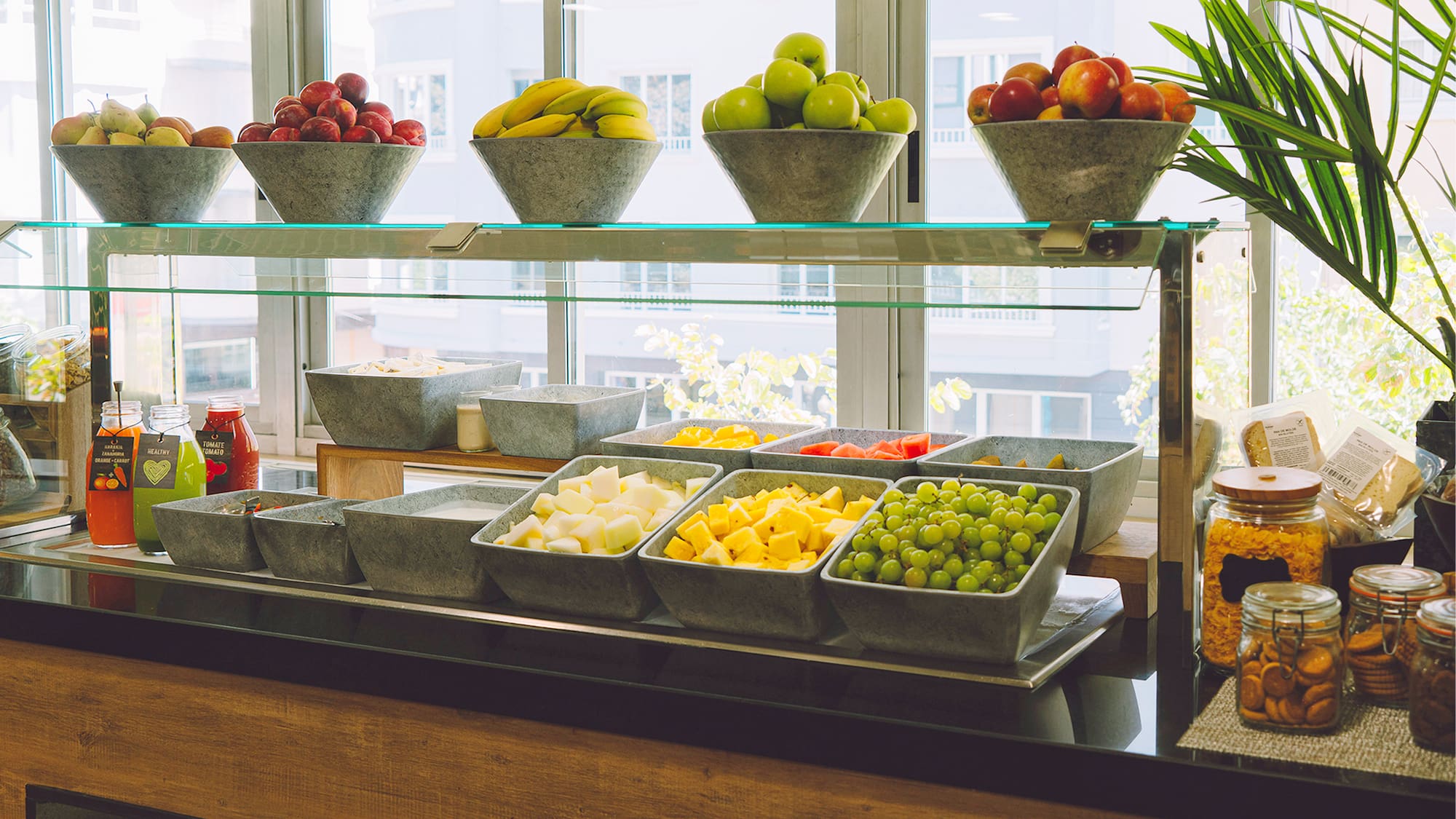 a display of fruit on a shelf